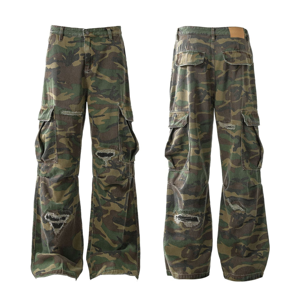 Retro Tattered Jeans Personalized Camouflage Workwear Casual Pants