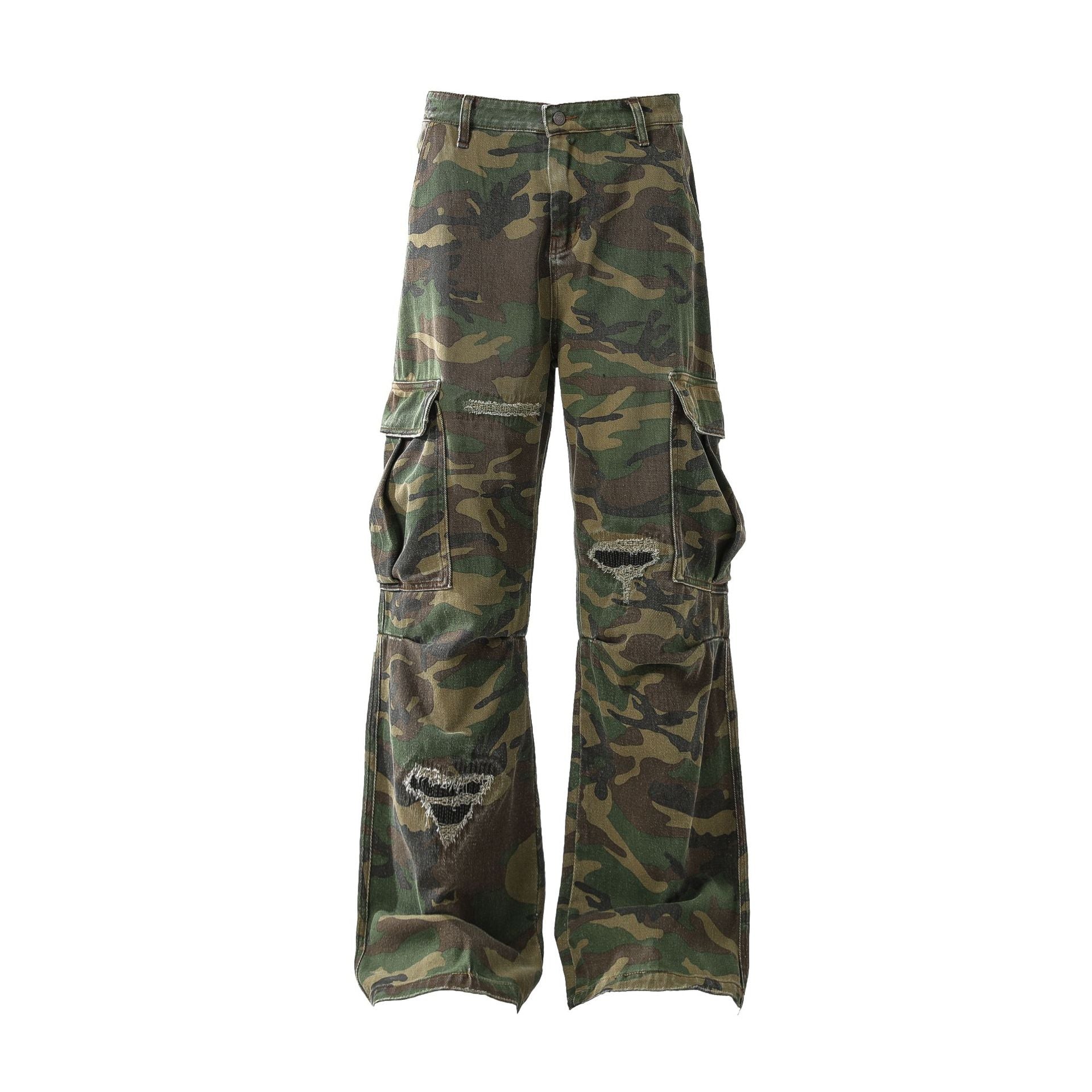 Retro Tattered Jeans Personalized Camouflage Workwear Casual Pants - Camouflage / S