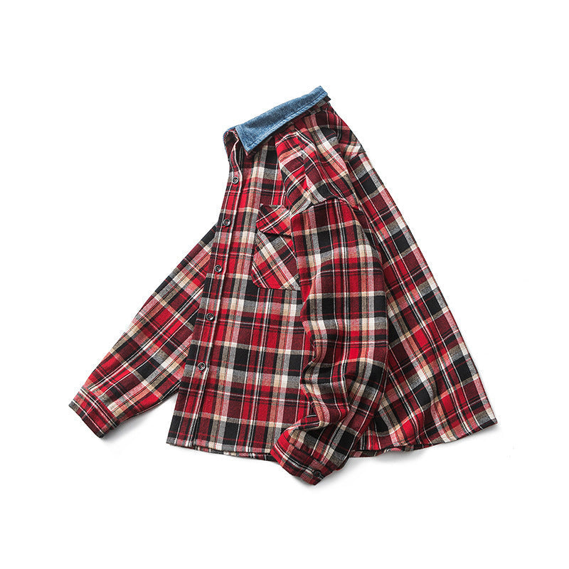 New Denim Lapel Plaid Shirt Men’s Retro