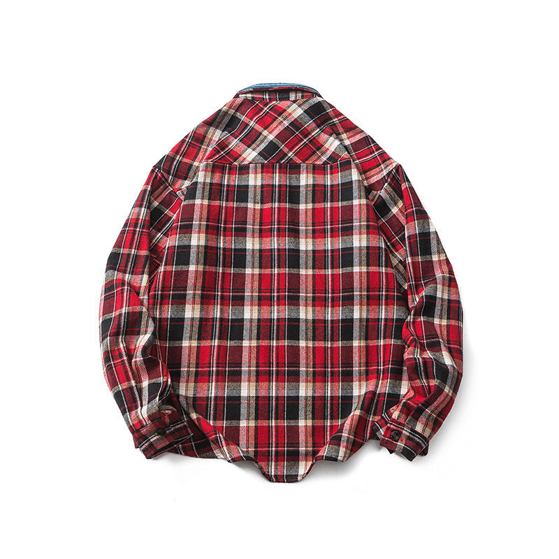 New Denim Lapel Plaid Shirt Men’s Retro
