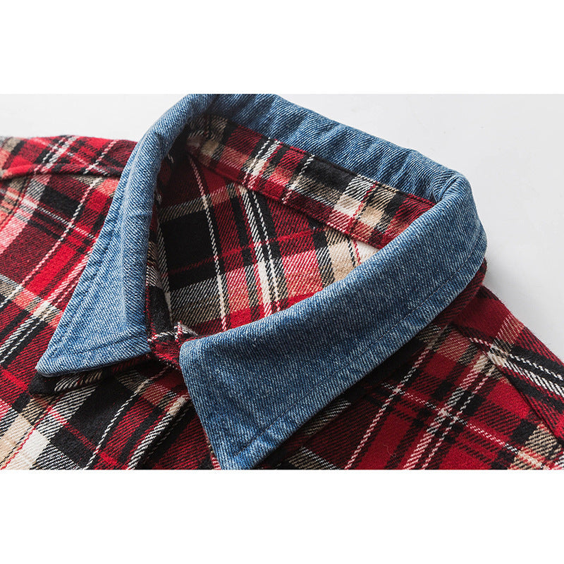 New Denim Lapel Plaid Shirt Men’s Retro