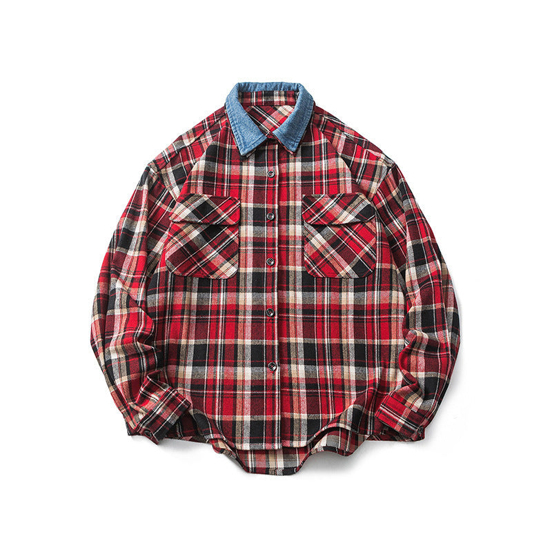 New Denim Lapel Plaid Shirt Men’s Retro - Red / M