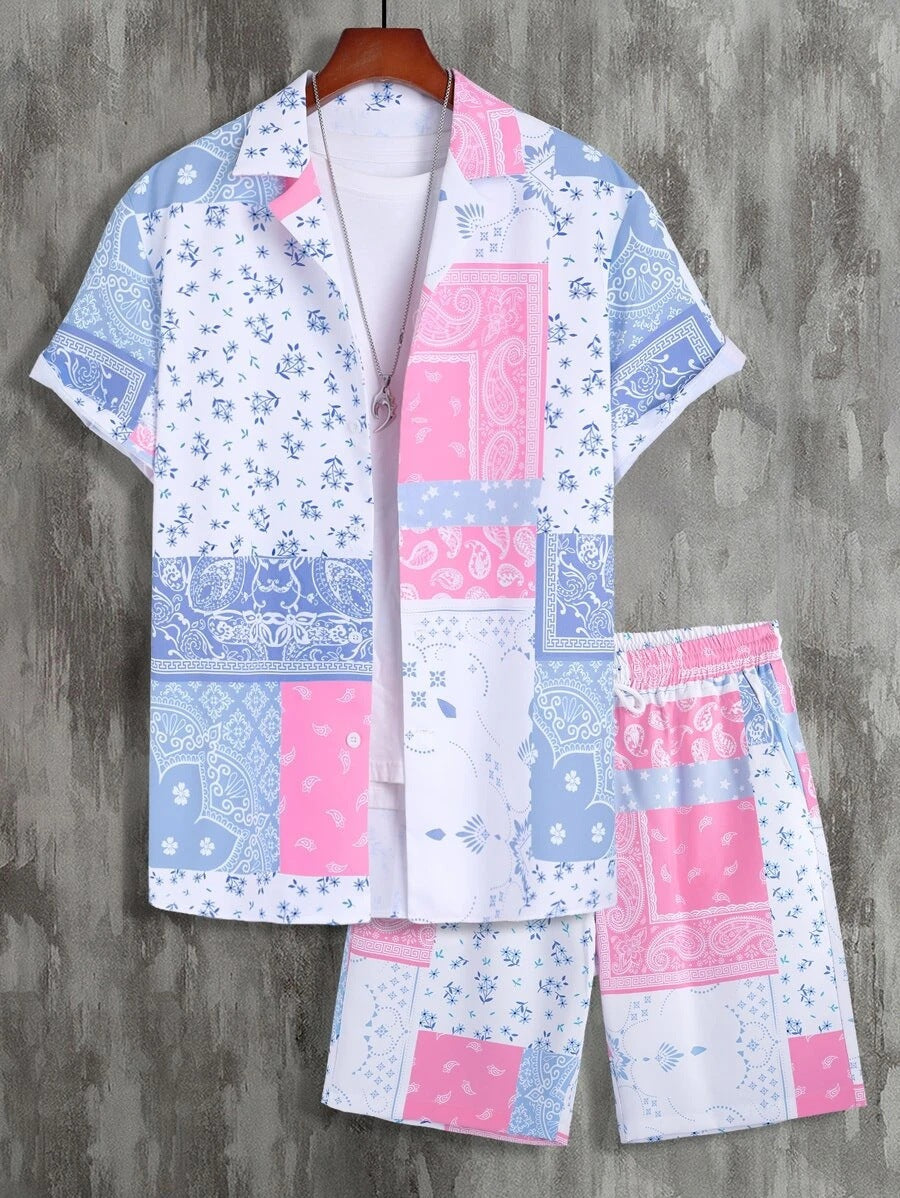 Contrast Color Retro Totem 3D Printed Shirt Shorts 2 Pieces Suit - 1 Style / S
