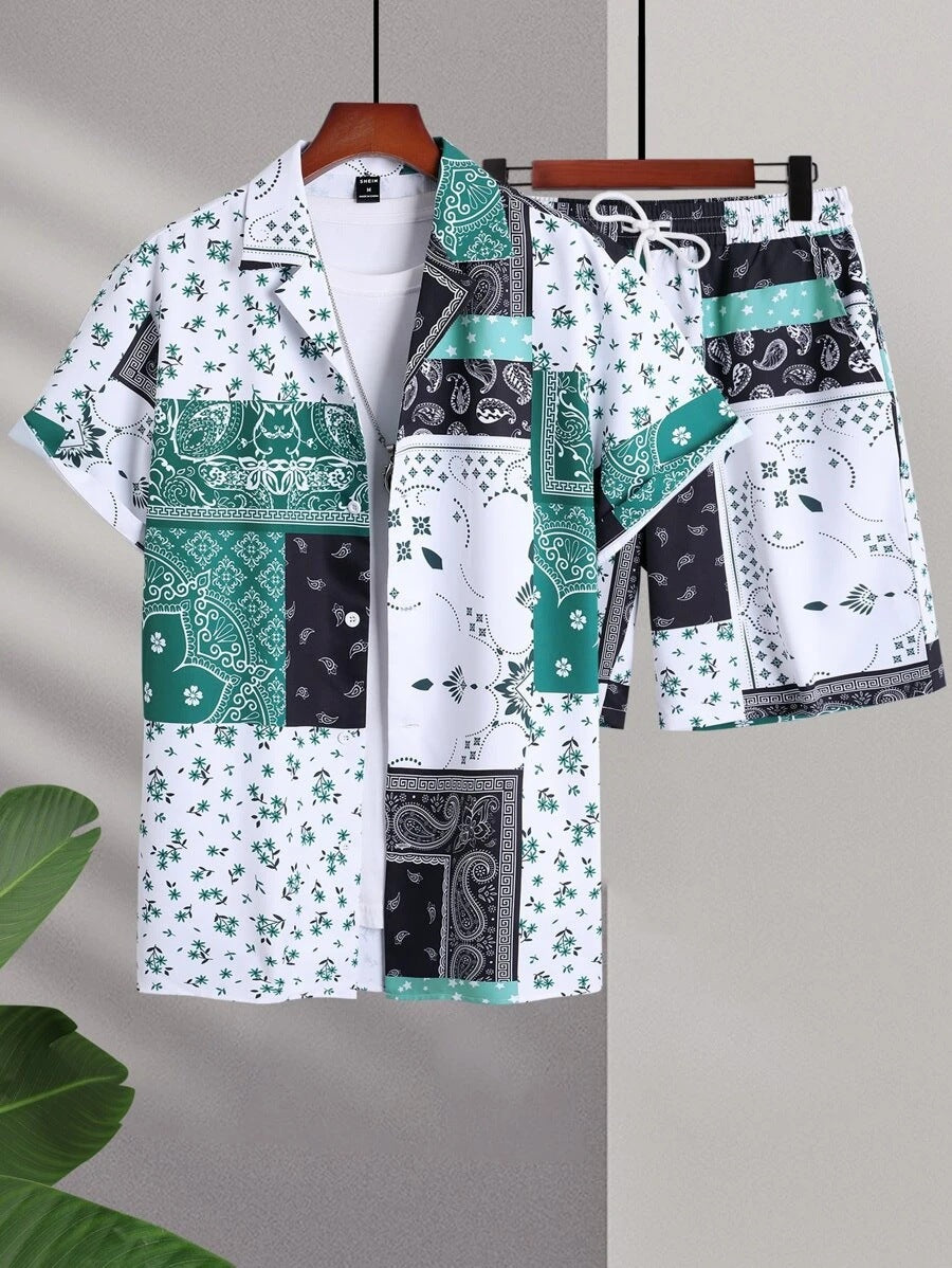 Contrast Color Retro Totem 3D Printed Shirt Shorts 2 Pieces Suit - 2 Style / S
