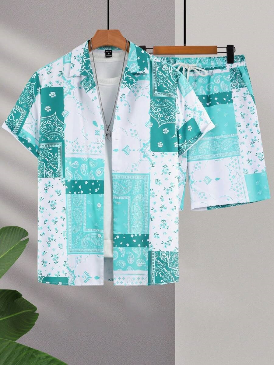 Contrast Color Retro Totem 3D Printed Shirt Shorts 2 Pieces Suit - 3 Style / S
