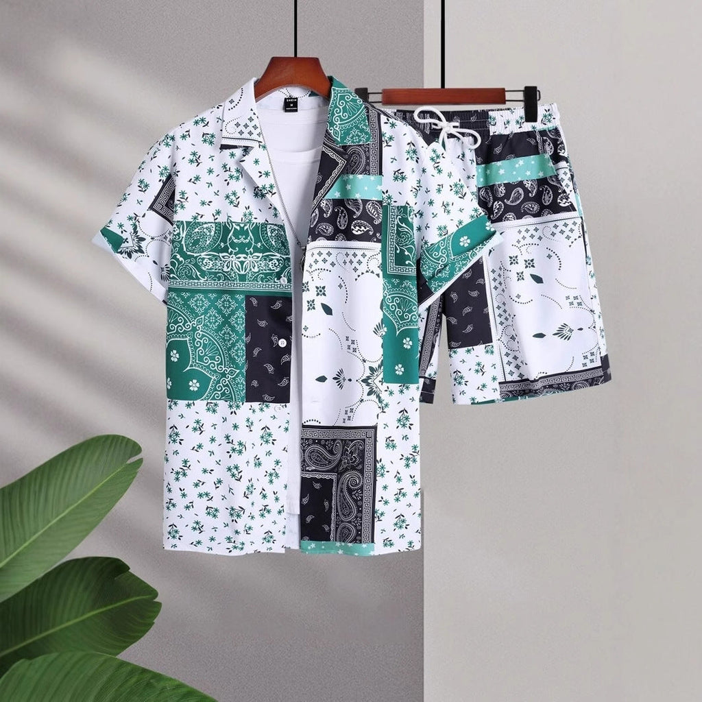 Contrast Color Retro Totem 3D Printed Shirt Shorts 2 Pieces Suit