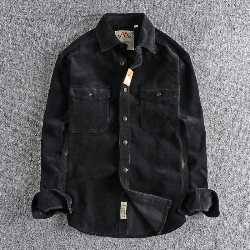 Retro Washed Corduroy Long-sleeved Shirt For Men - Black / M