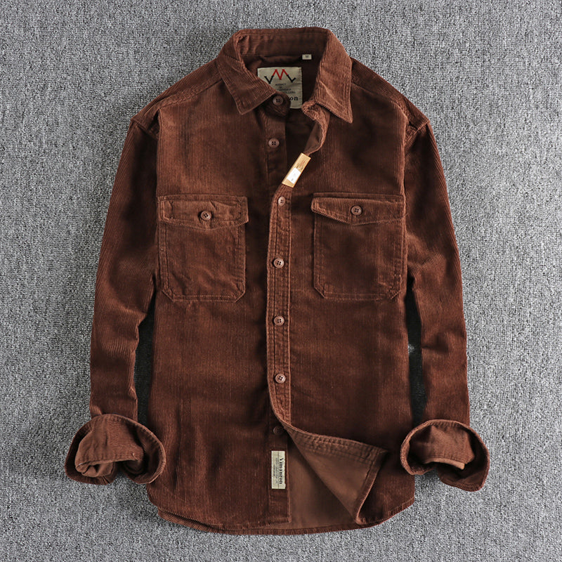 Retro Washed Corduroy Long-sleeved Shirt For Men - Brown / M