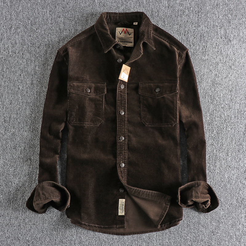 Retro Washed Corduroy Long-sleeved Shirt For Men - Dark Green / M