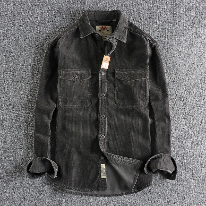 Retro Washed Corduroy Long-sleeved Shirt For Men - Gray / M