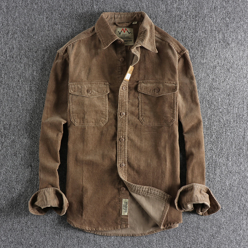 Retro Washed Corduroy Long-sleeved Shirt For Men - Khaki / M