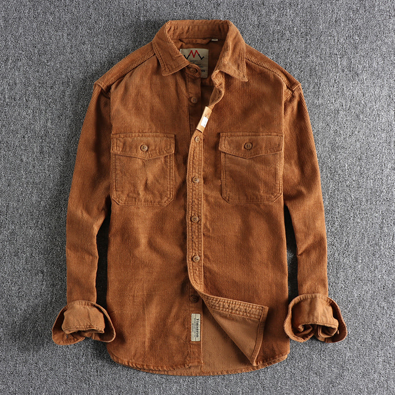Retro Washed Corduroy Long-sleeved Shirt For Men - Yellow / M