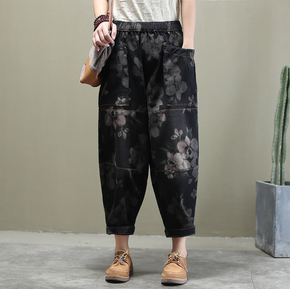 Loose all-match printed washed cotton jeans - Black / M