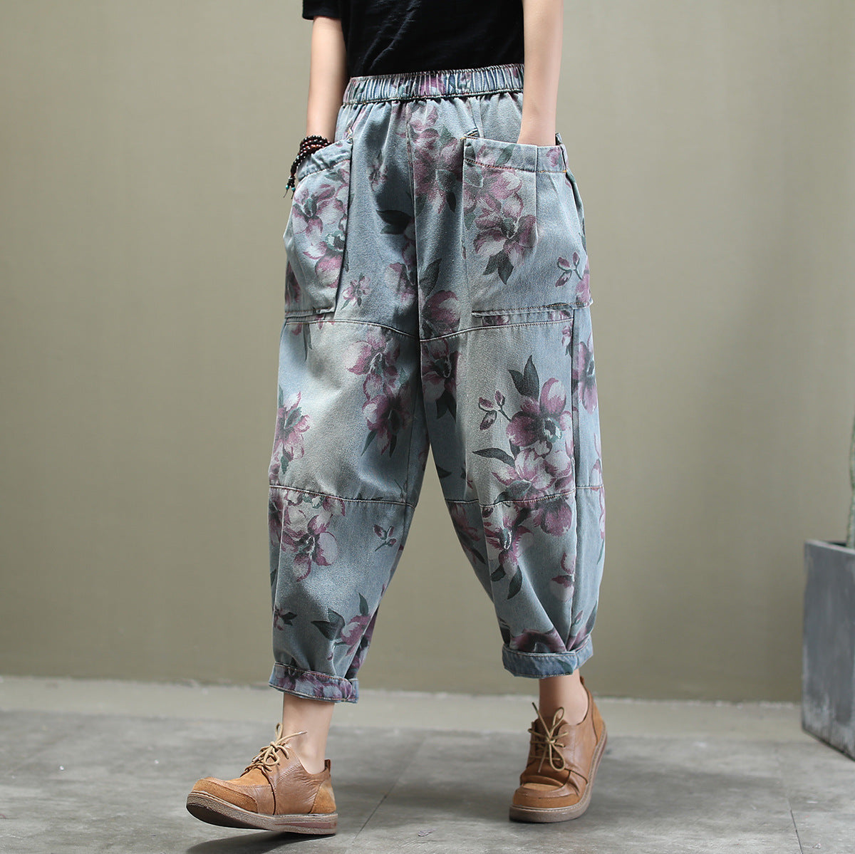 Loose all-match printed washed cotton jeans - Light Blue / M