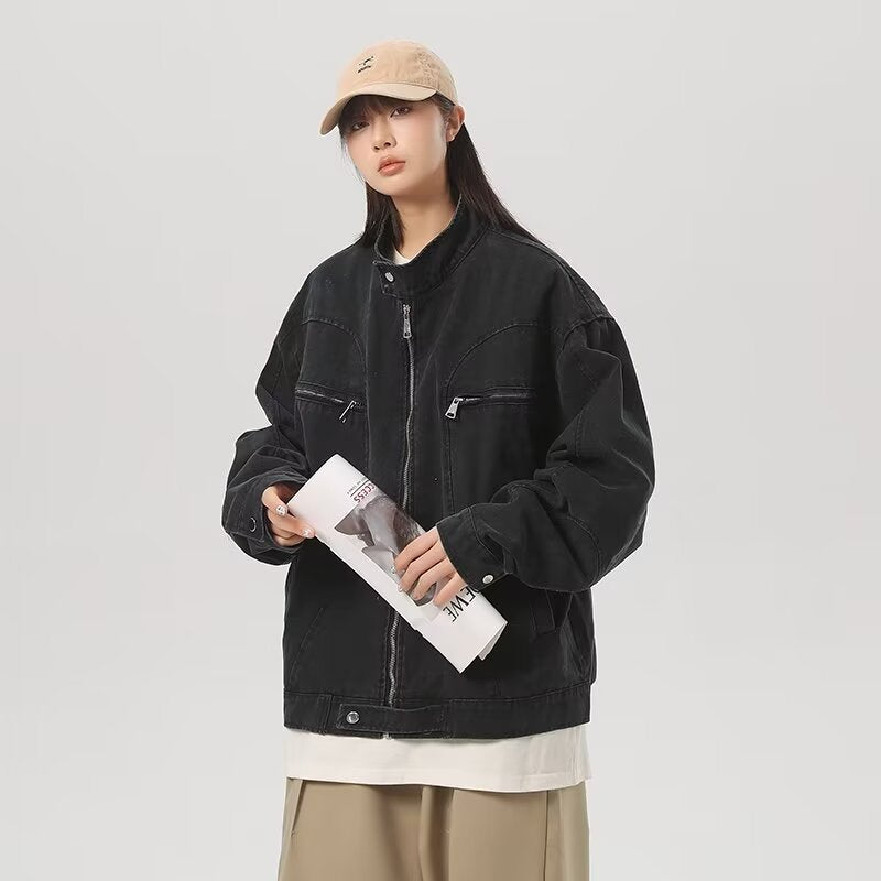 American Retro Washed Short Denim Coat - Black / M