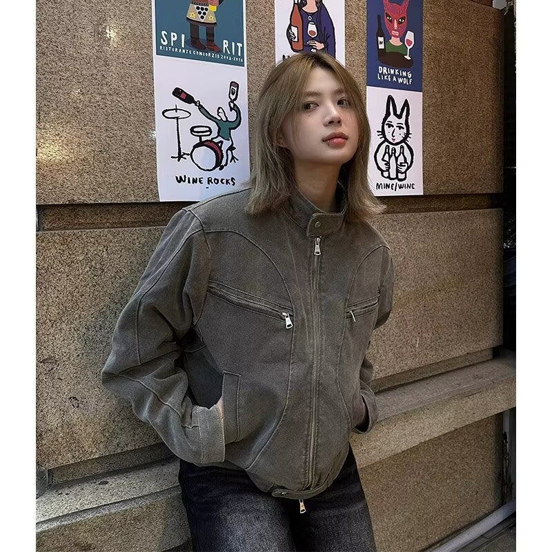 American Retro Washed Short Denim Coat - Gray / M