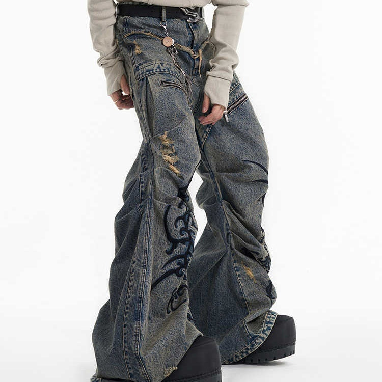 Retro Washed Distressed Zipper Embroidered Pleated Mopping Jeans - Blue / S