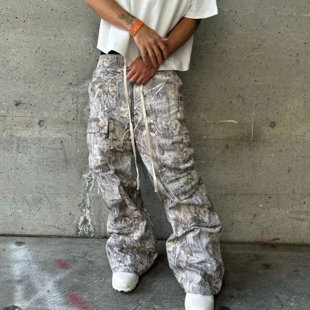 Retro Washed Multi-pocket Slacks Men’s Fashion Drawstring Trousers