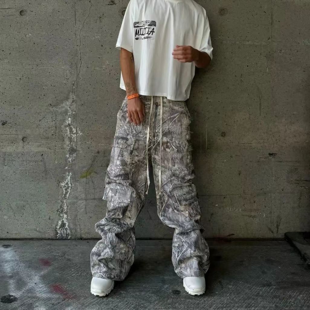 Retro Washed Multi-pocket Slacks Men’s Fashion Drawstring Trousers
