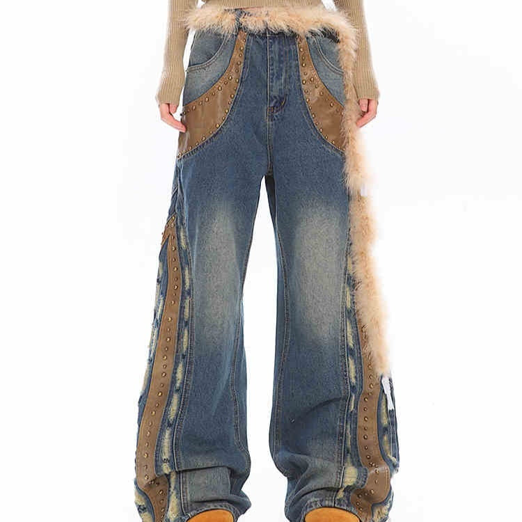 Retro Washed Heavy Niche Deconstructed Leather Patchwork Jeans - Retro Blue / S