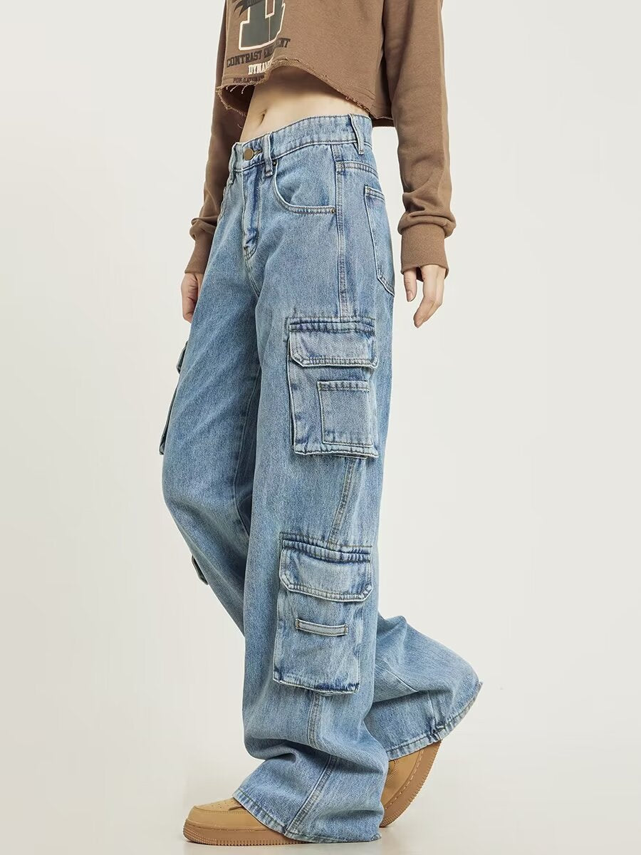Retro Washed Pocket Straight Jeans - Blue / S