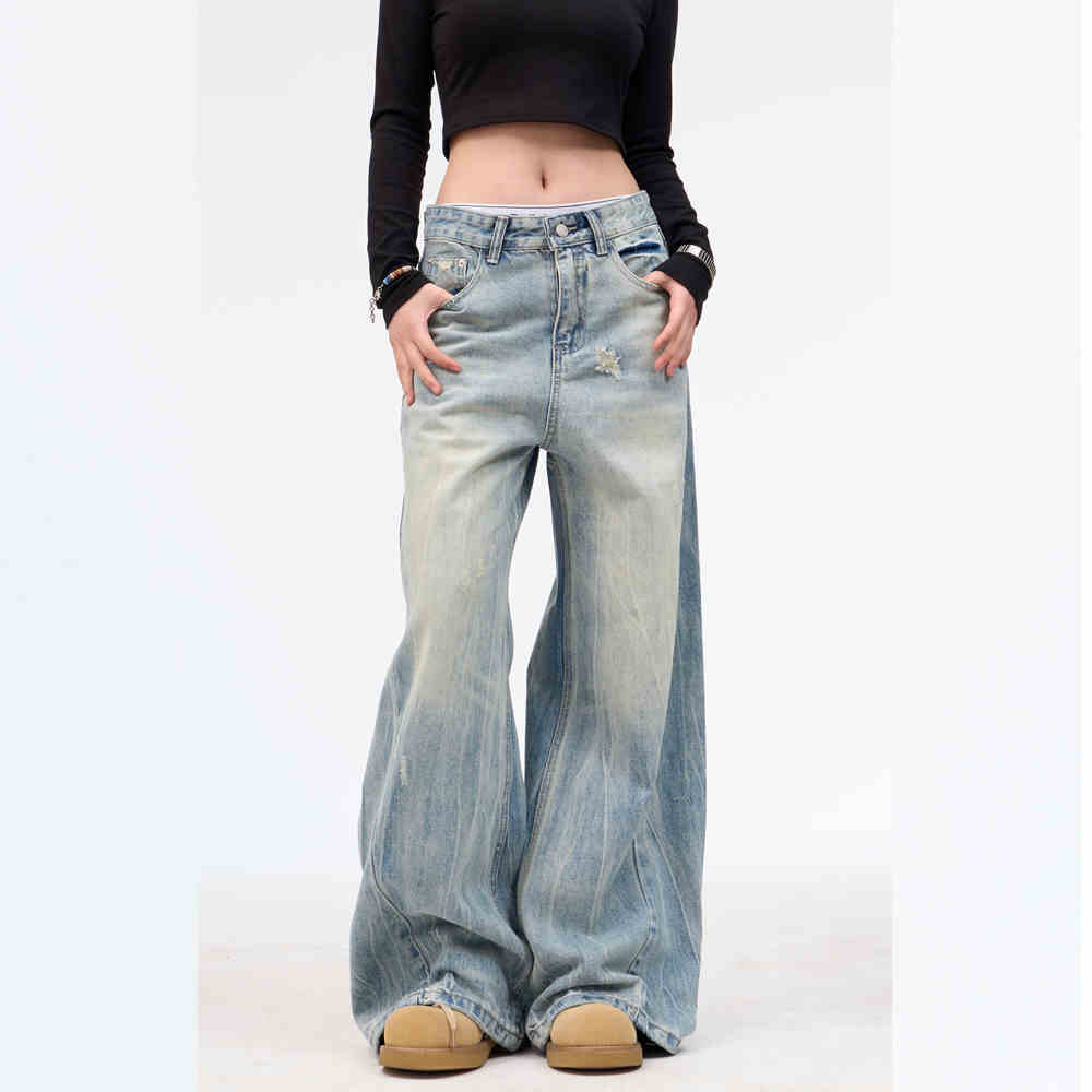 Retro Washed Ripped Jeans Baggy Straight Trousers - Blue / 2XL