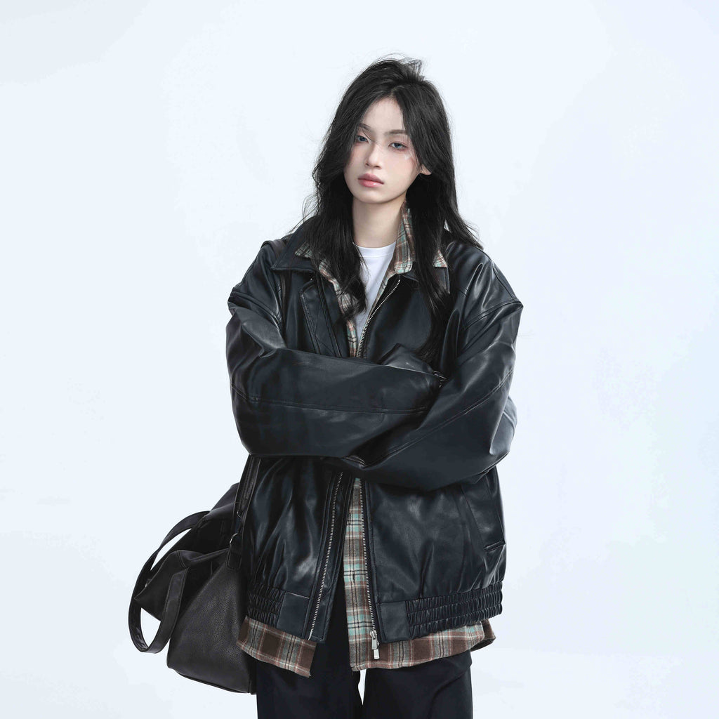 Brown Motorcycle PU Leather Coat Female Loose Jacket - Black / L