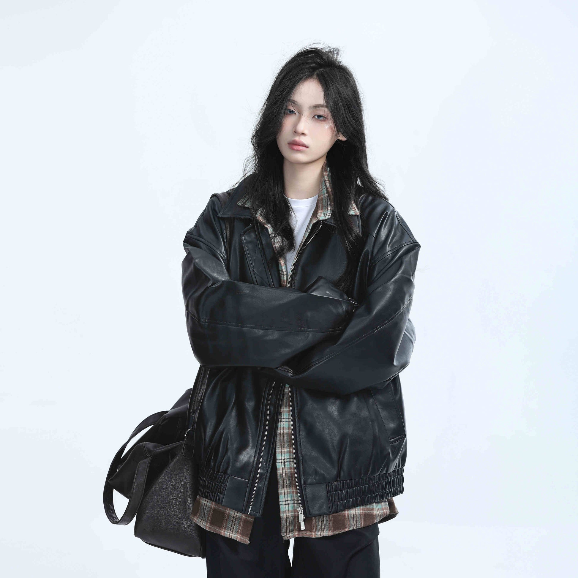 Brown Motorcycle PU Leather Coat Female Loose Jacket - Black / L