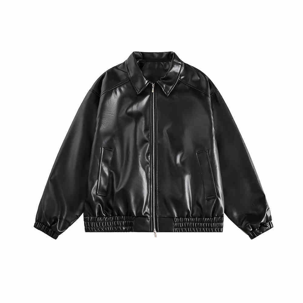Brown Motorcycle PU Leather Coat Female Loose Jacket - Black thickened / L