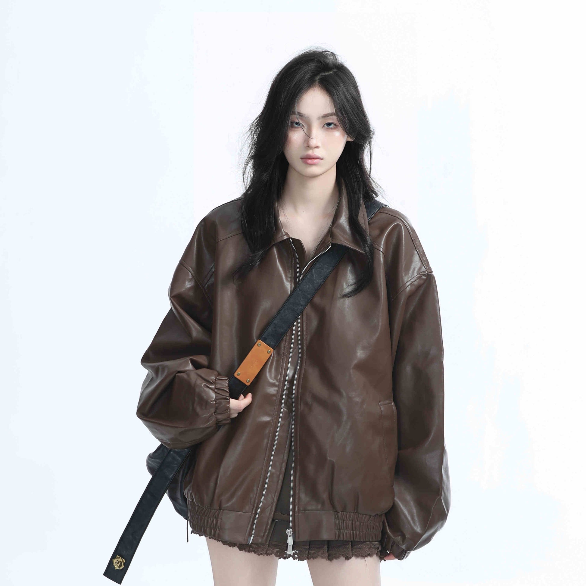 Brown Motorcycle PU Leather Coat Female Loose Jacket - Brown / L