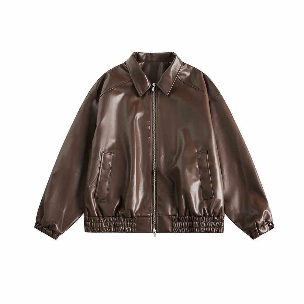 Brown Motorcycle PU Leather Coat Female Loose Jacket - Brown thickened / L