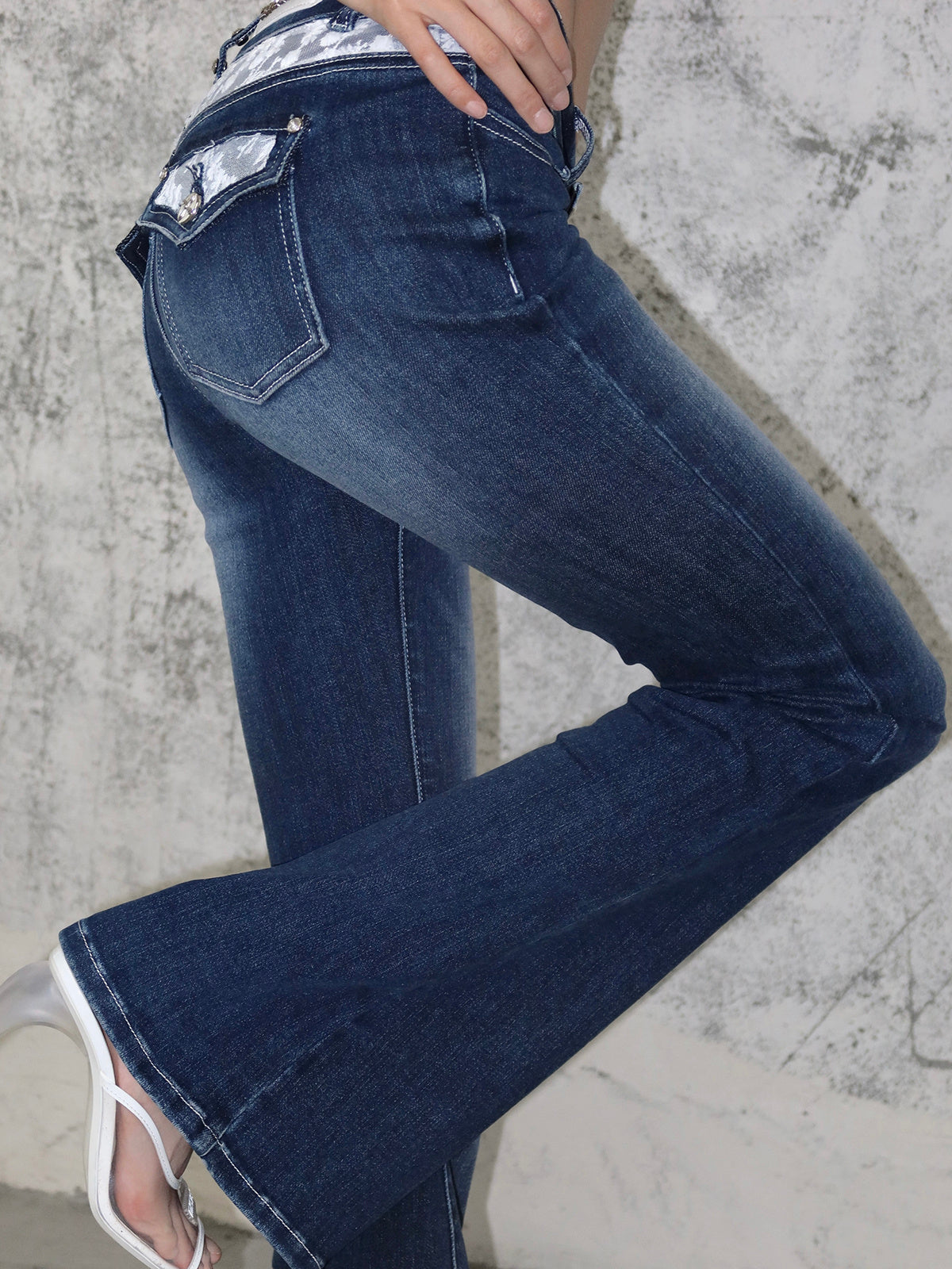 Rhinestone Skinny Low Waist Flared Dark Jeans