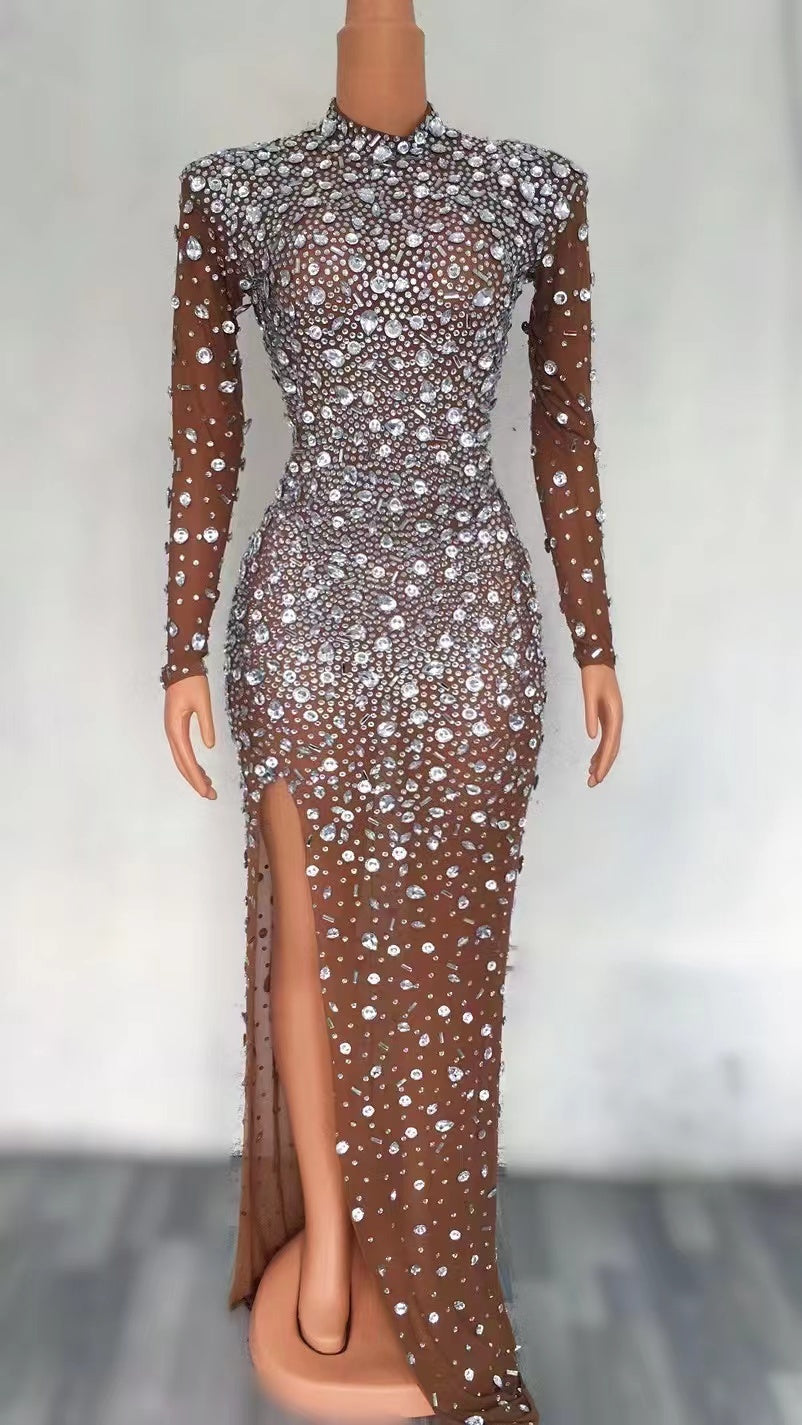 Rhinestone Tassel Mesh Elastic Thin Latin Dance Skirt - Brown / S