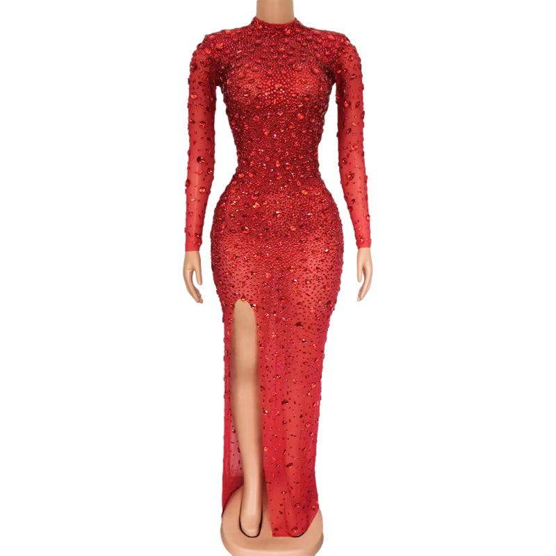 Rhinestone Tassel Mesh Elastic Thin Latin Dance Skirt - Red / S