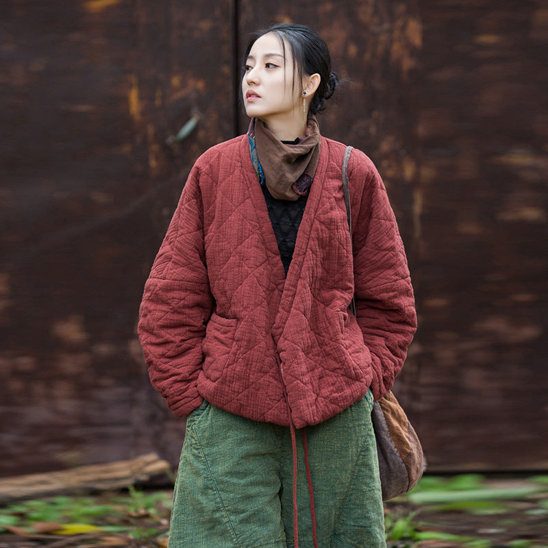 Rhombus Women’s Short Cotton-padded Coat - Old Brick Red / Free Size