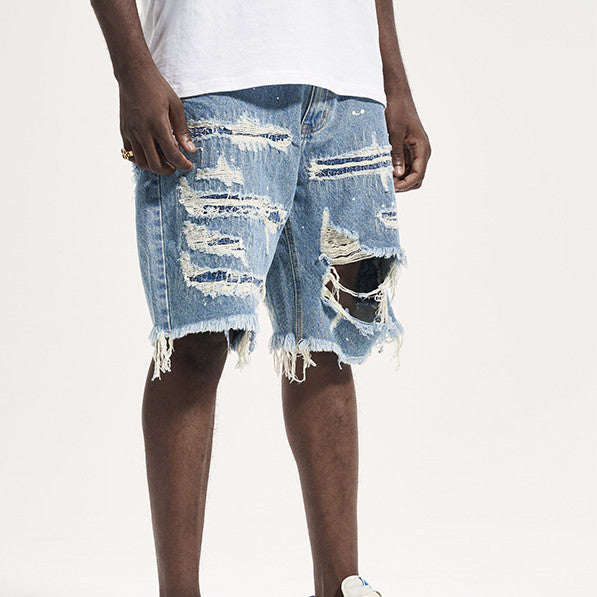 High Street Patch Ripped Washed Distressed Men’s Denim Shorts