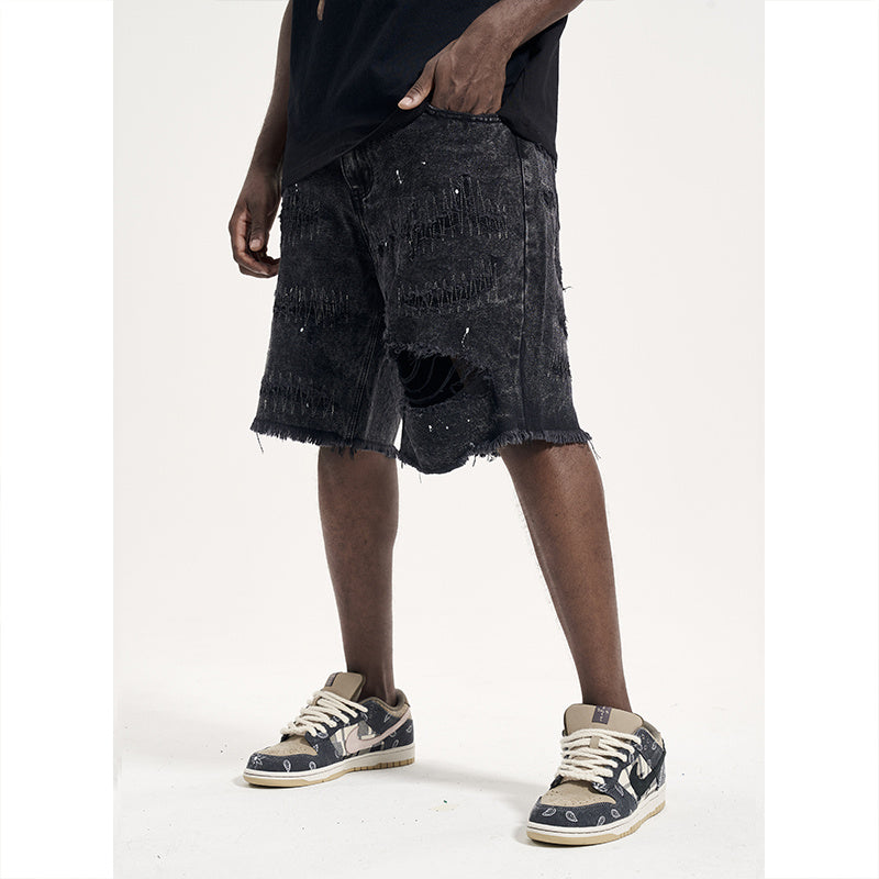 High Street Patch Ripped Washed Distressed Men’s Denim Shorts