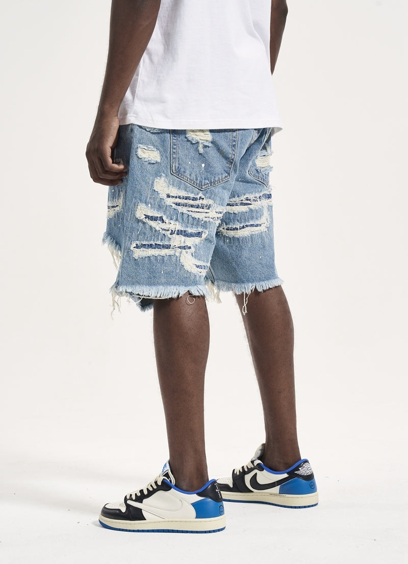 High Street Patch Ripped Washed Distressed Men’s Denim Shorts