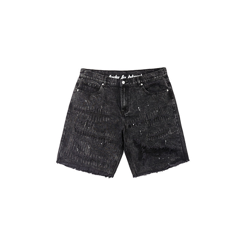 High Street Patch Ripped Washed Distressed Men’s Denim Shorts - Black / S