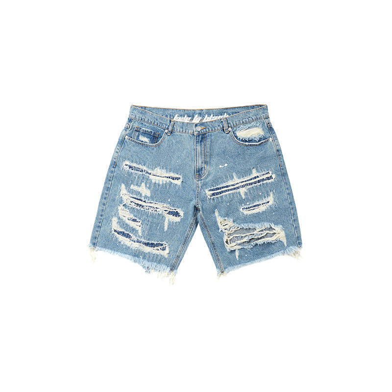 High Street Patch Ripped Washed Distressed Men’s Denim Shorts - Light Blue / S