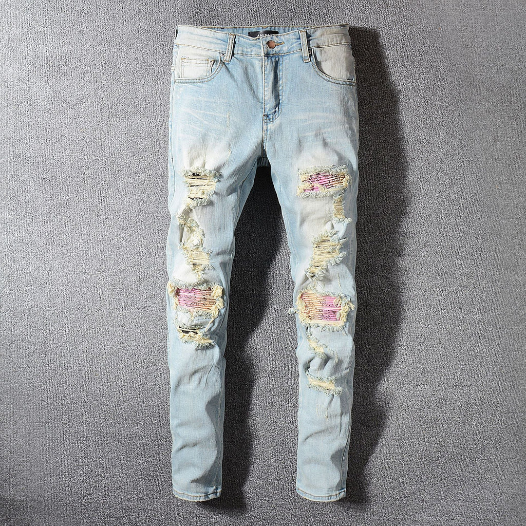 Colorful ripped patch beggar pants - Light blue / 38