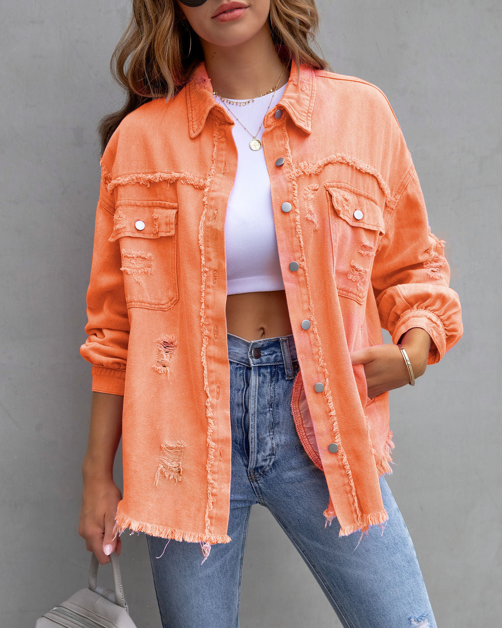 Fashion Ripped Shirt Jacket Female Autumn And Spring Casual Tops Womens Clothing - Orange / S