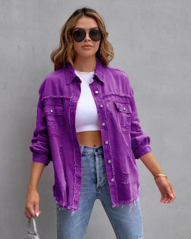 Fashion Ripped Shirt Jacket Female Autumn And Spring Casual Tops Womens Clothing - Purple / 2XL