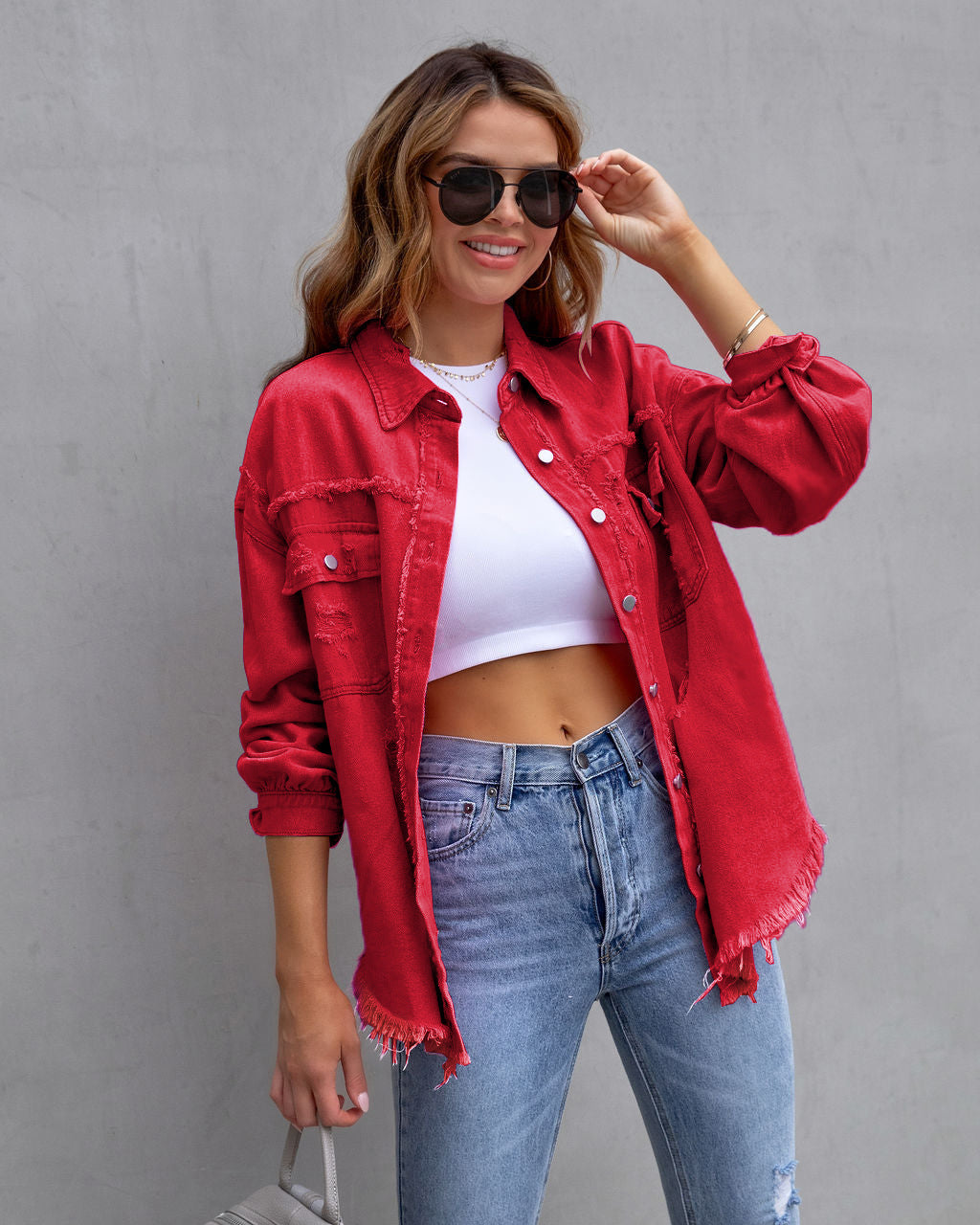 Fashion Ripped Shirt Jacket Female Autumn And Spring Casual Tops Womens Clothing - Red / 2XL