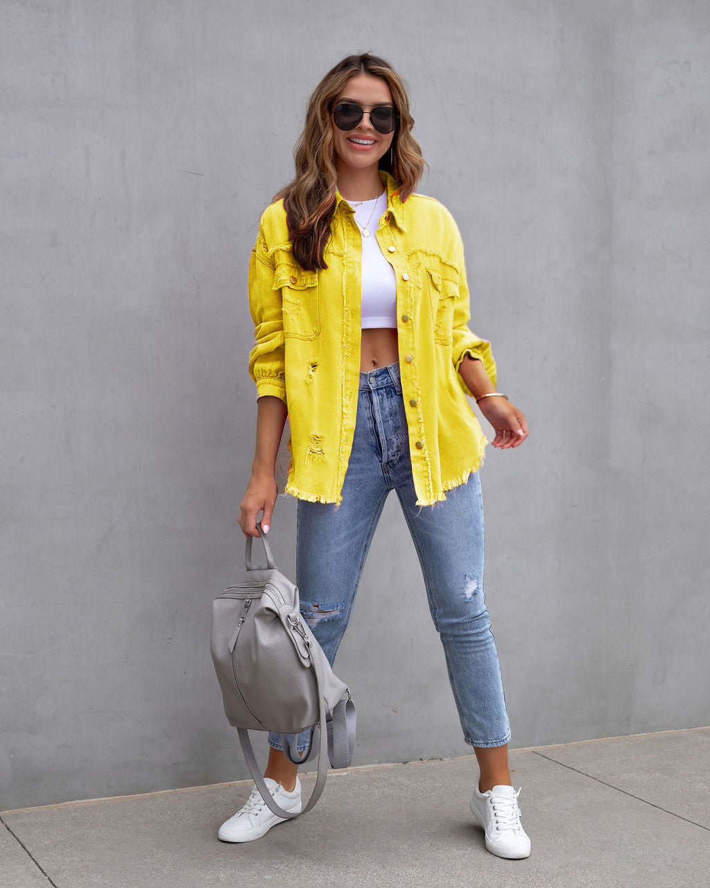 Fashion Ripped Shirt Jacket Female Autumn And Spring Casual Tops Womens Clothing - Yellow / 2XL