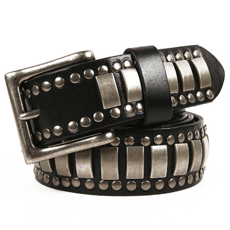 Rivet Head Layer Cowhide Man Belt And Leather Belt - Black / 105CM