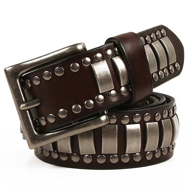 Rivet Head Layer Cowhide Man Belt And Leather Belt - Brown / 105CM