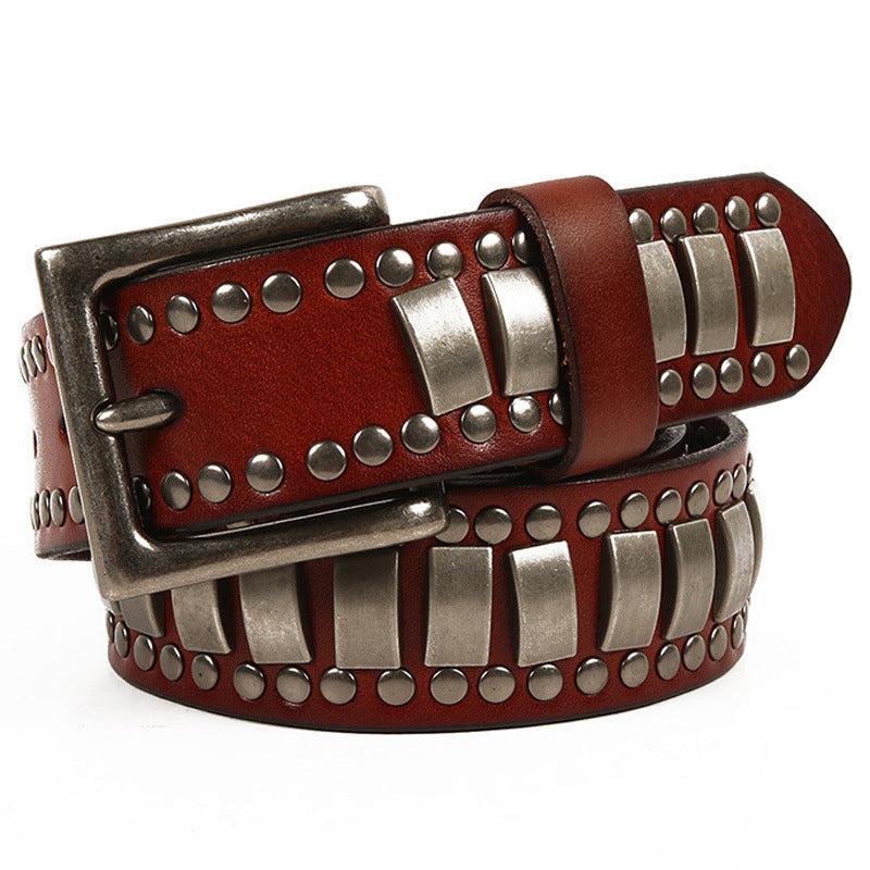 Rivet Head Layer Cowhide Man Belt And Leather Belt - Red Brown / 105CM