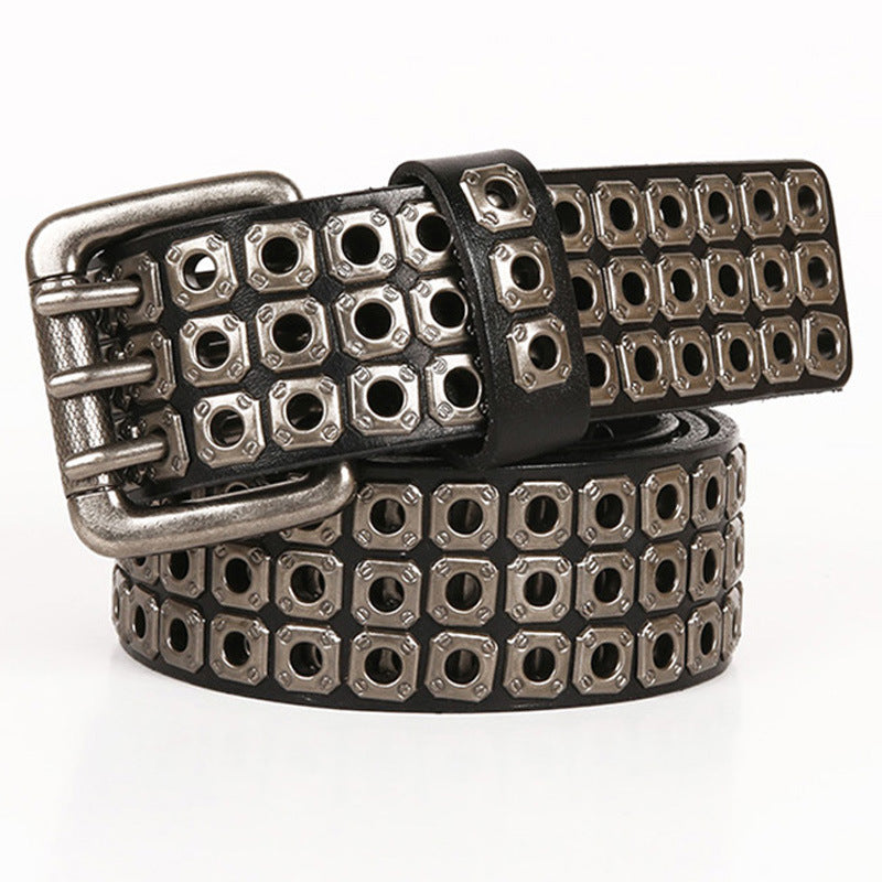 New Corns Hollow Rivet Men’s Leather Belt - Black / 120cm
