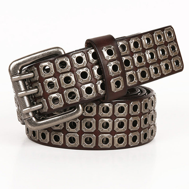 New Corns Hollow Rivet Men’s Leather Belt - Coffee / 110cm